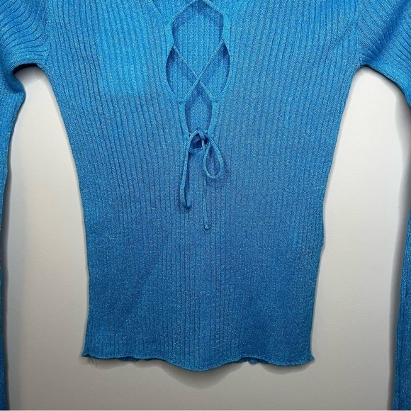 Mango Lace Up Back Cut Out Fine Ribbed Knit Sky Blue Sweater Size Small NWT - Picture 15 of 16